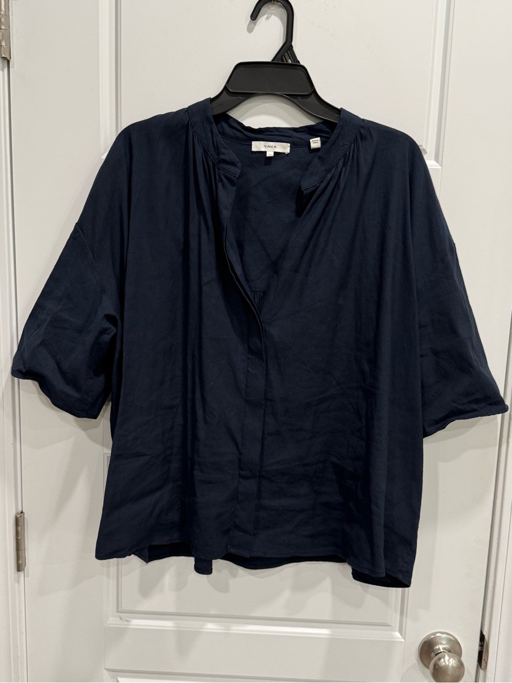 Vince Women’s Shirred Band Collar Navy Blue Linen Blend Oversized Blouse - Picture 3 of 8